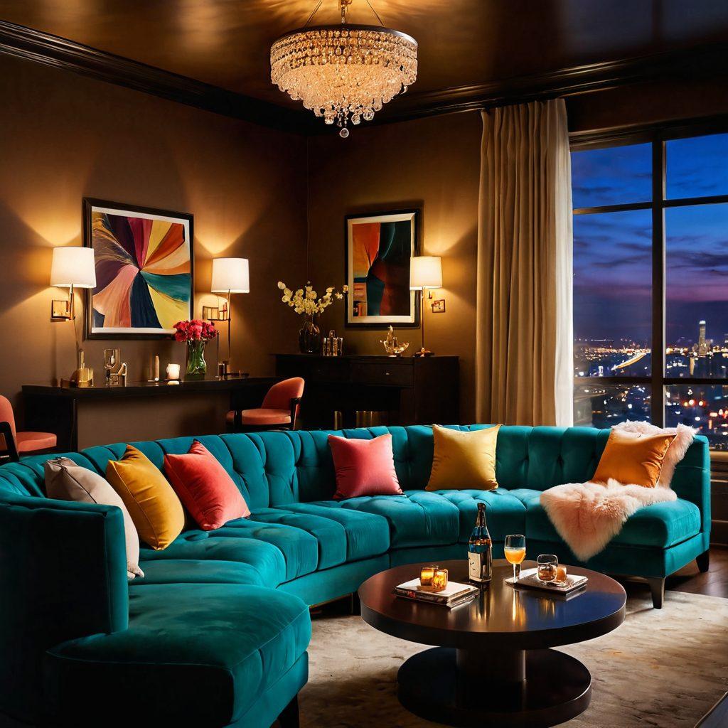 A warm and inviting scene depicting a cozy, dimly lit lounge with plush seating, where couples flirt playfully over cocktails. Soft, colorful lighting casts an intimate glow, with elegant decor that suggests luxury and romance. Include subtle hints of sensuality, like open fans and soft fabrics. The atmosphere should radiate joy and connection, inviting viewers to embrace the art of seduction. super-realistic. vibrant colors. soft focus.