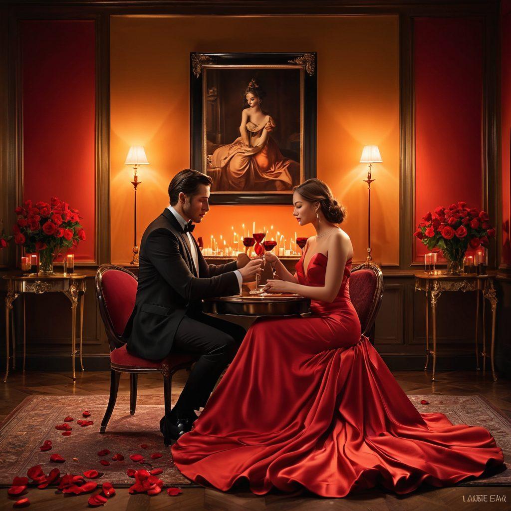 A captivating scene of a luxurious candlelit room, with two elegantly dressed individuals playfully exchanging flirtatious glances. The atmosphere is filled with sparkling champagne, vibrant red roses, and soft, inviting shadows. Subtle hints of passion and attraction are conveyed through their body language and expressions. The setting should evoke a sense of intimacy and allure, perfect for mastering the art of seduction. super-realistic. vibrant colors. warm tones.